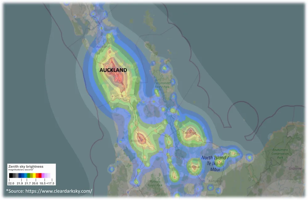 Light pollution map of Auckland showing bright city glow