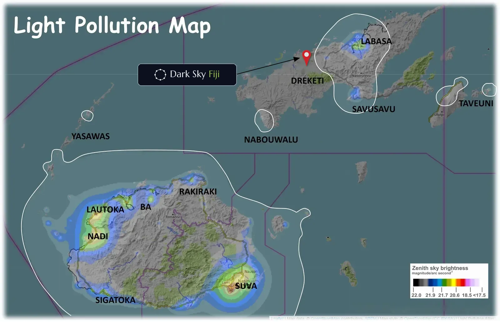 Light pollution map of Fiji with Dark Sky Fiji marked at Dreketi, in a dark area away from the glow of Labasa, Savusavu, Nadi and Suva