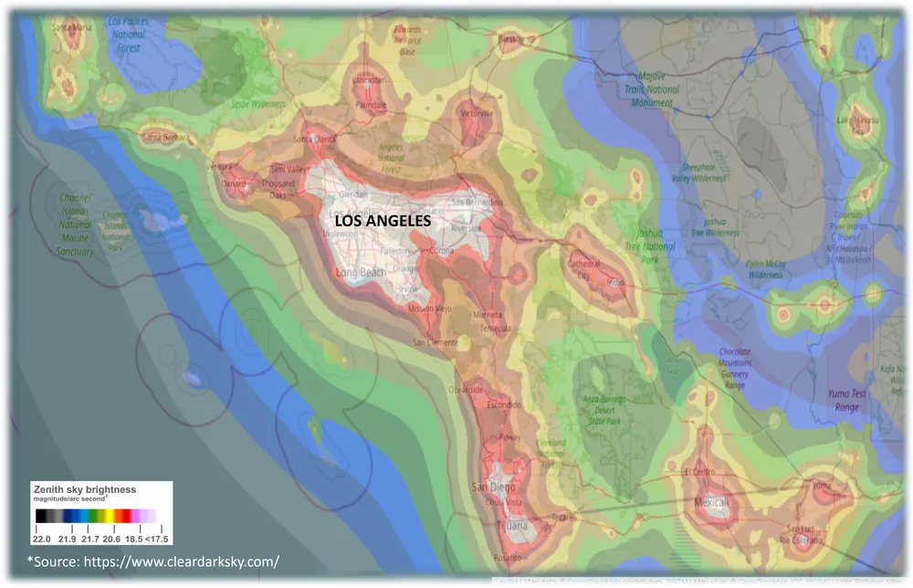 Light pollution map of Los Angeles showing bright city glow